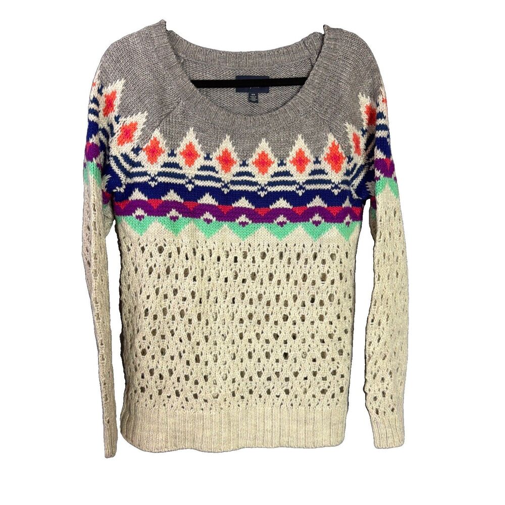 American Eagle Vintage Fair Isle Sweater Womens M Beige Pullover Crochet Wool